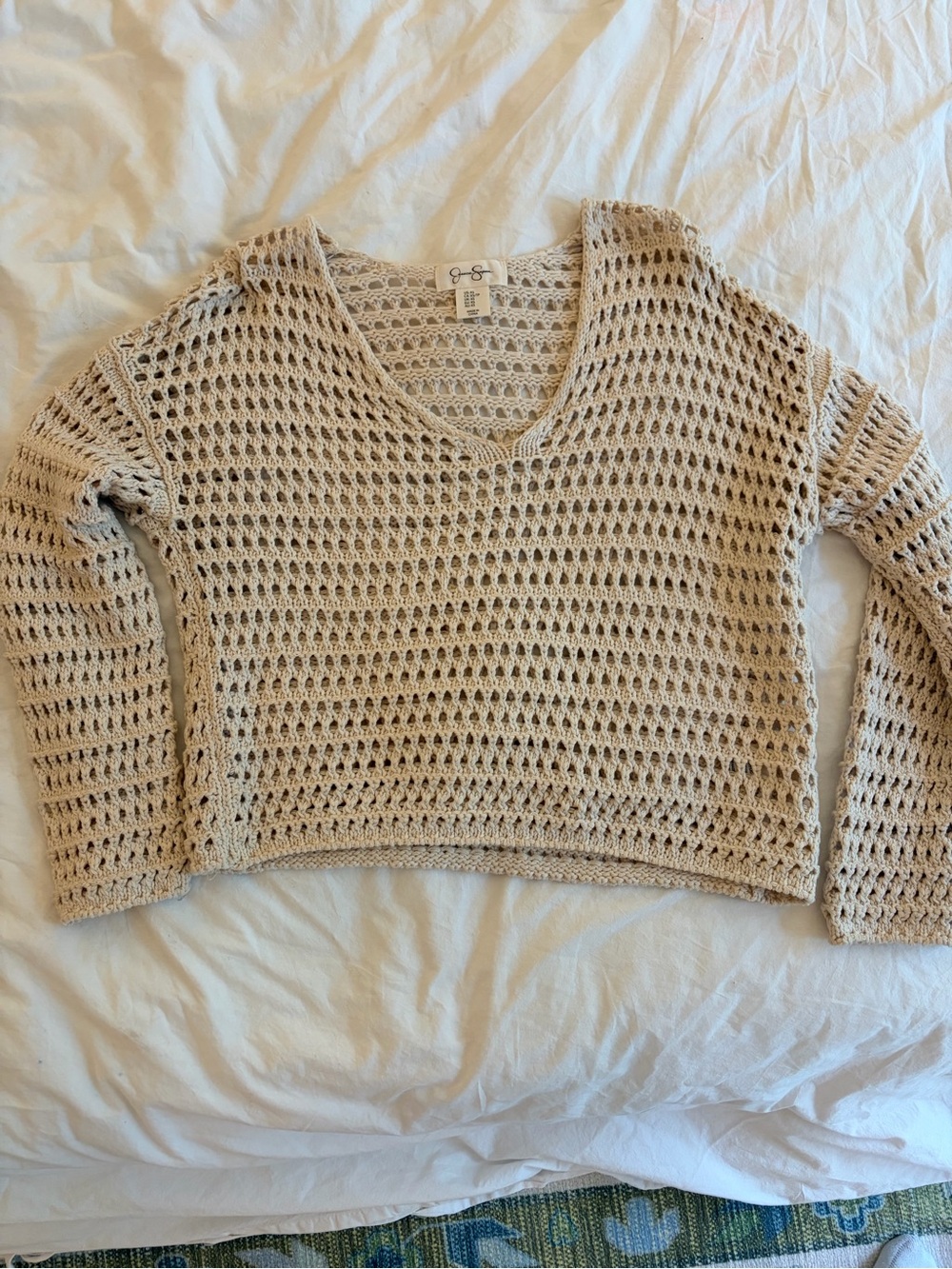 Jessica Simpson Crochet V-Neck Sweater in Beige
